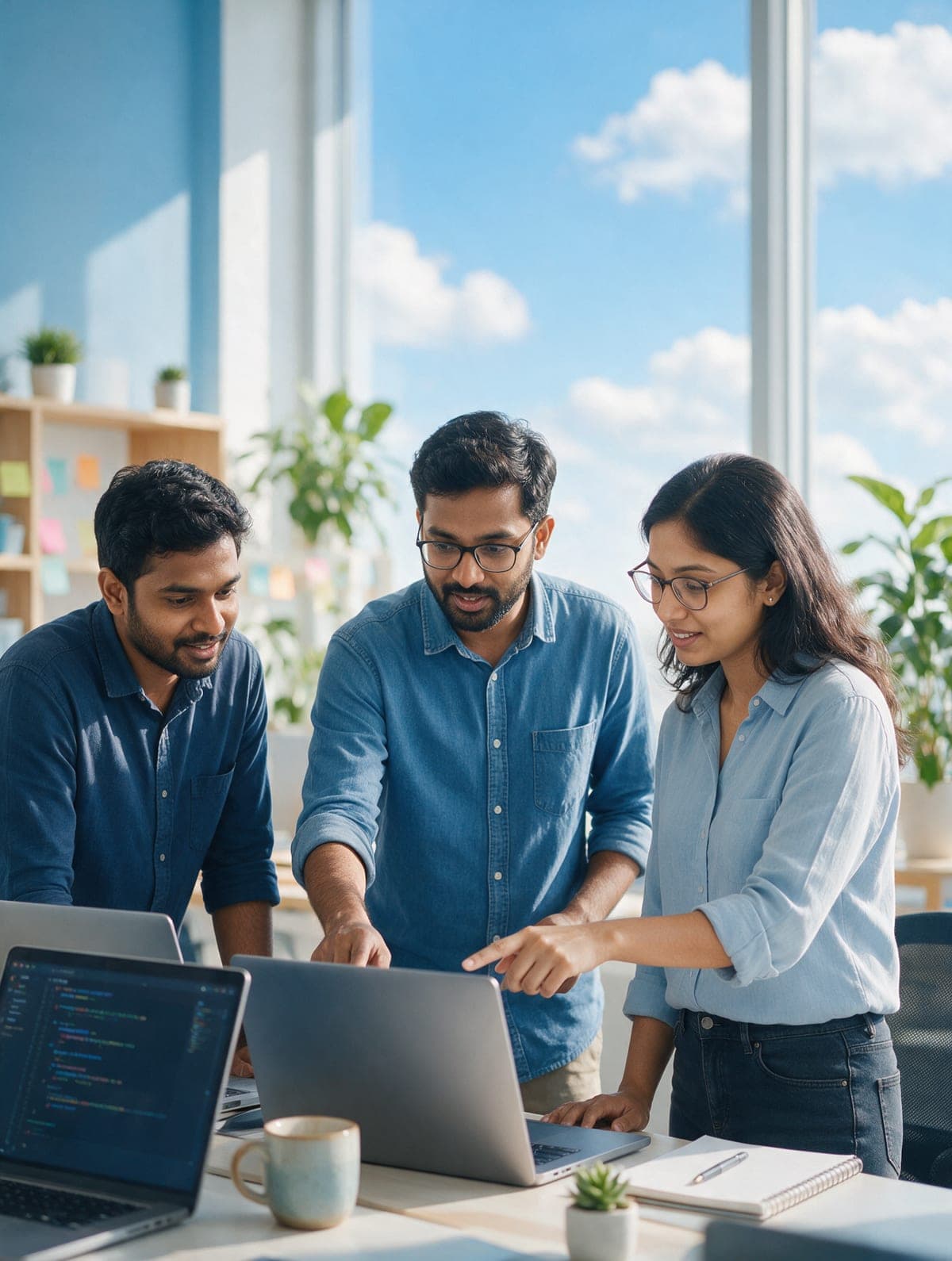 Developers working together in a bright office