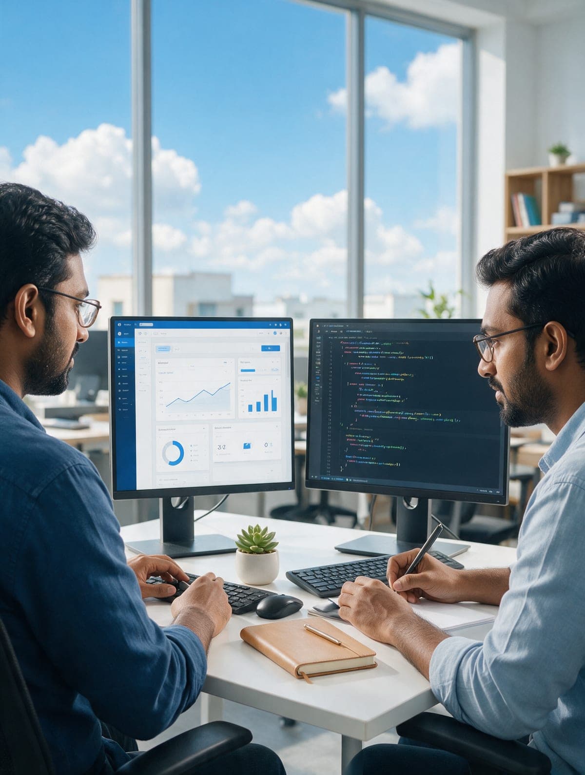 Developers working together in a bright office