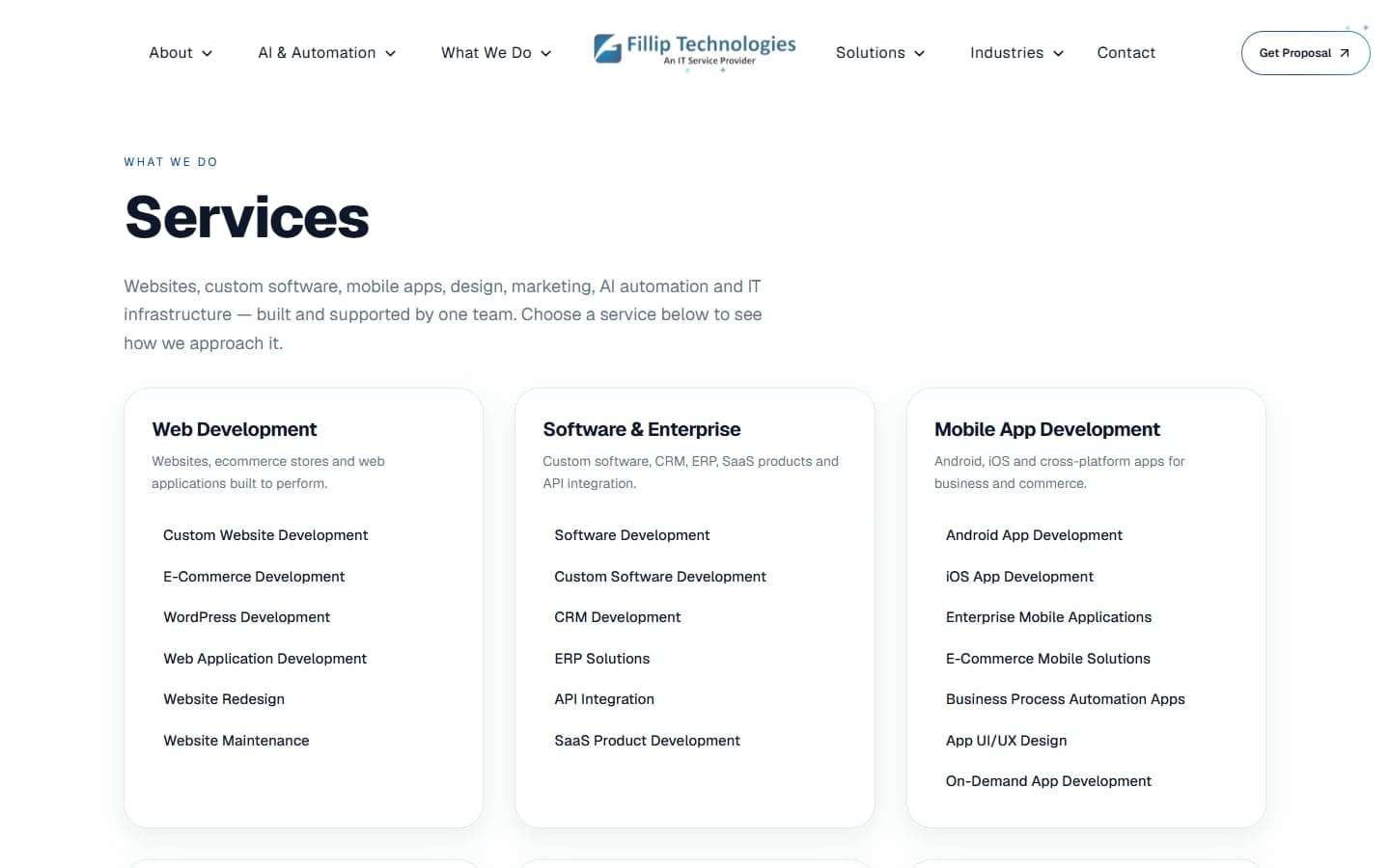 Fillip Technologies services page, built with Next.js