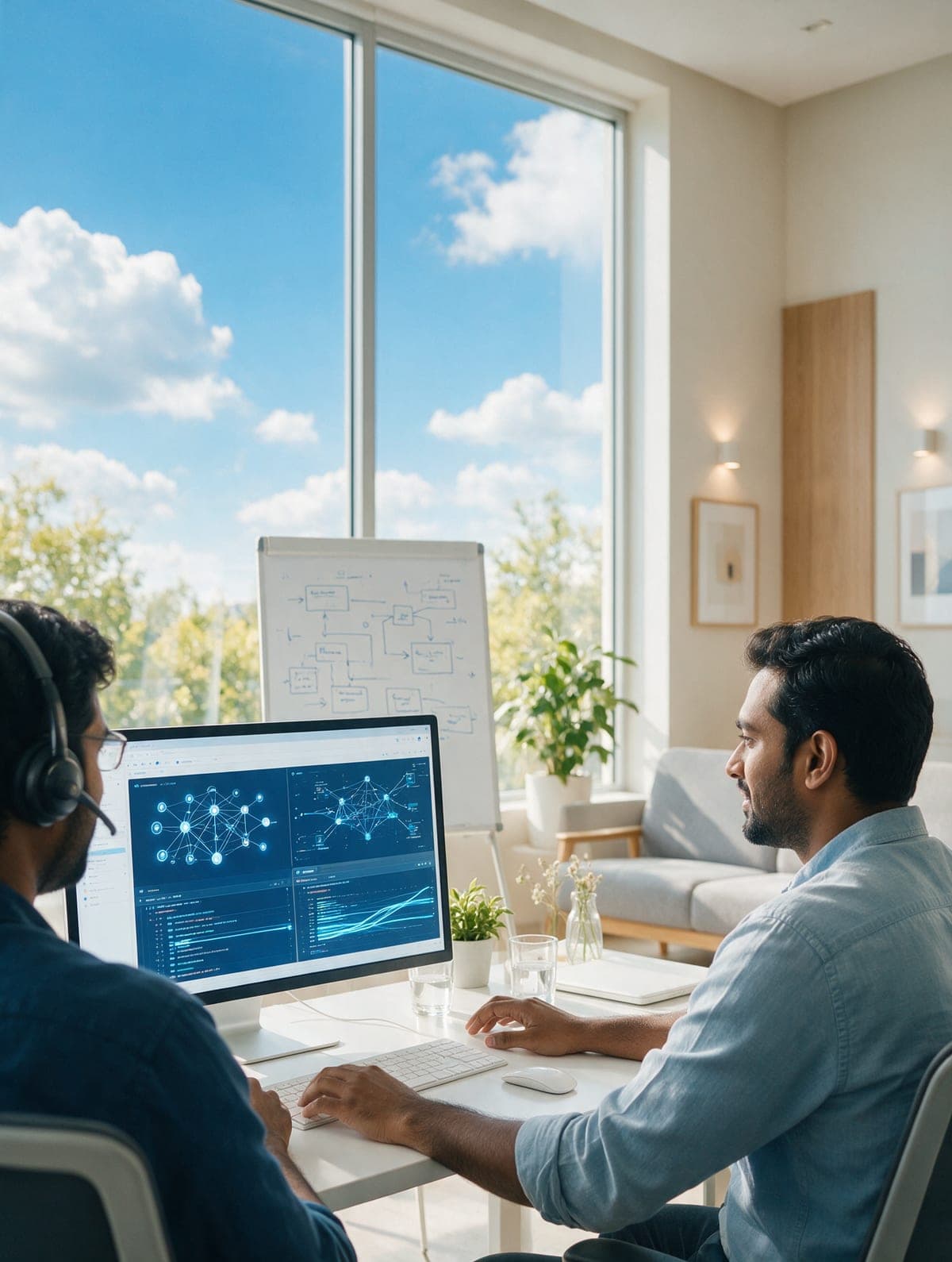 Developers working together in a bright office