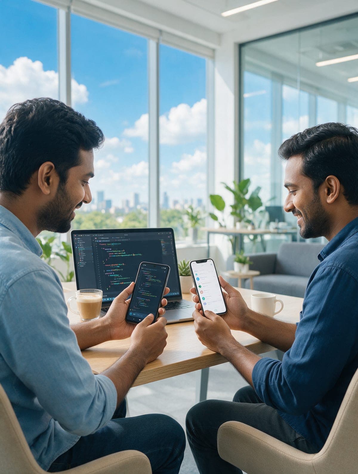 Developers working together in a bright office