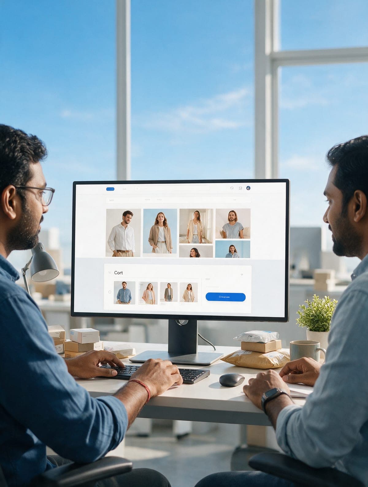 Developers working together in a bright office